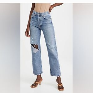 Agolde Blue Straight Leg Jeans with Distressed Knee